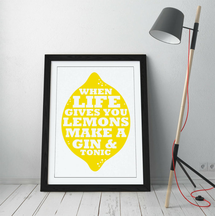 "LIFE LEMONS GIN & TONIC" FUNNY QUOTE KITCHEN -FRAMED WALL ART PICTURE PRINT
