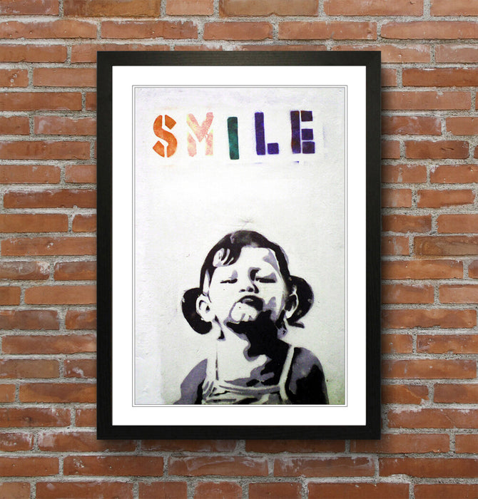 Banksy Smile Kid Poster - Framed Art Print With Woodgrain Frame Design