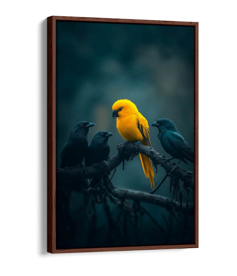 Canvas Wall Art – Yellow Bird With Black Crows | Float Effect, Ready To Hang