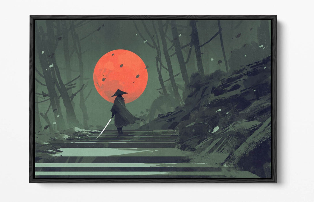 Samurai Canvas Art - Float Effect Canvas Wall Art With Red Moon Artwork