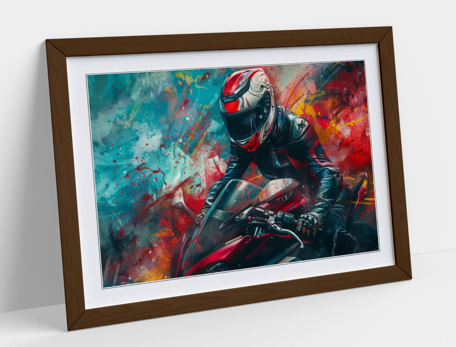 Framed Wall Art Poster – Motorcycle Graffiti Art Print With Woodgrain Frame