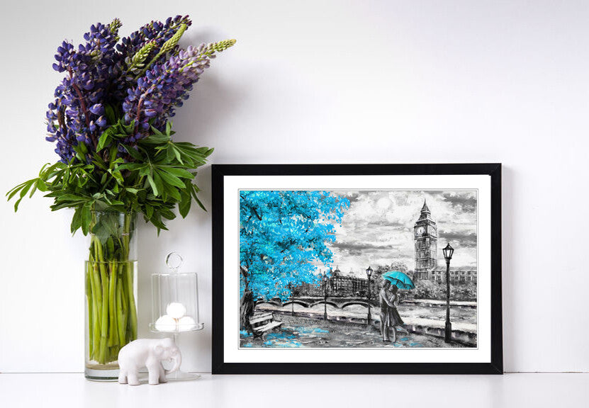 London Big Ben Grey Teal Umbrella Wall Art Picture Framed Poster Print 4 sizes