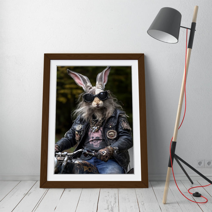 Framed Wall Art Poster - Funny Biker Rabbit Print With High Quality Wood Frame