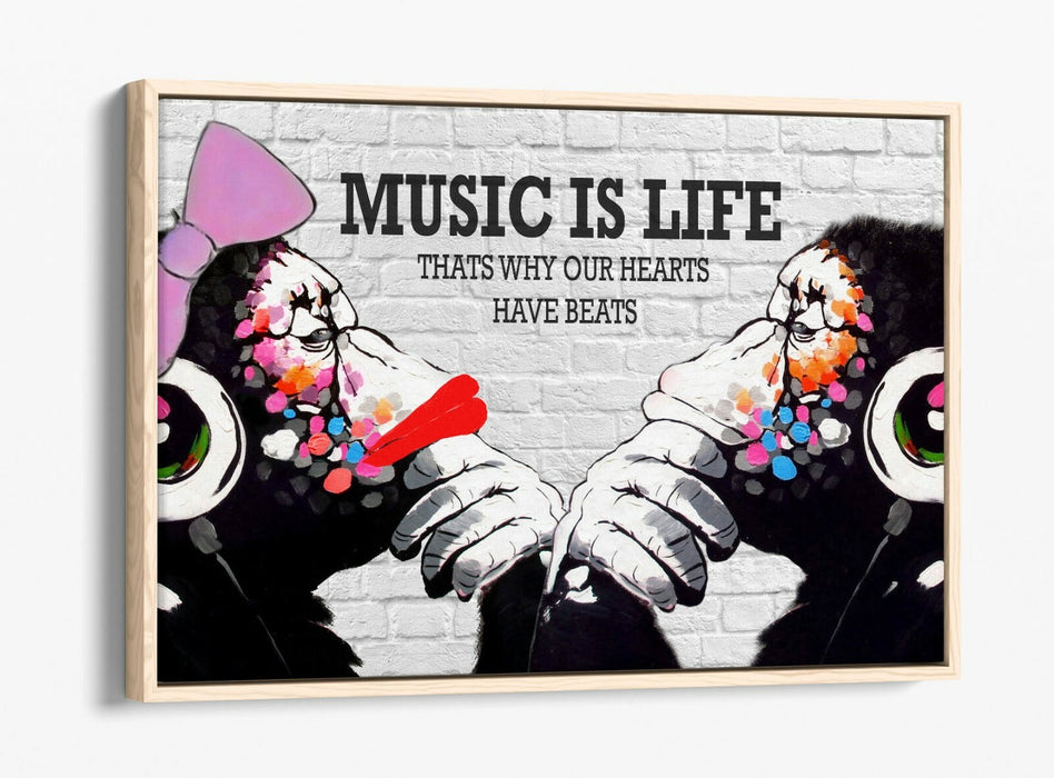 BANKSY DJ MONKEY MUSIC IS LIFE -FLOAT EFFECT CANVAS WALL ART PIC PRINT- PINK RED