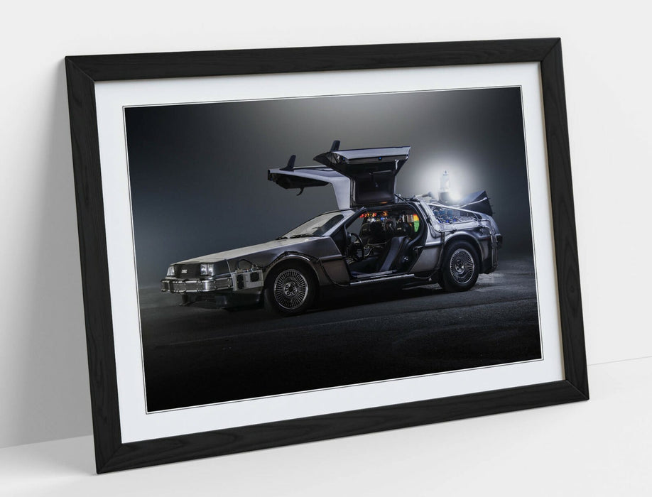 DeLorean Framed Poster – Back to the Future Art | UK Handmade Wood Grain Frame