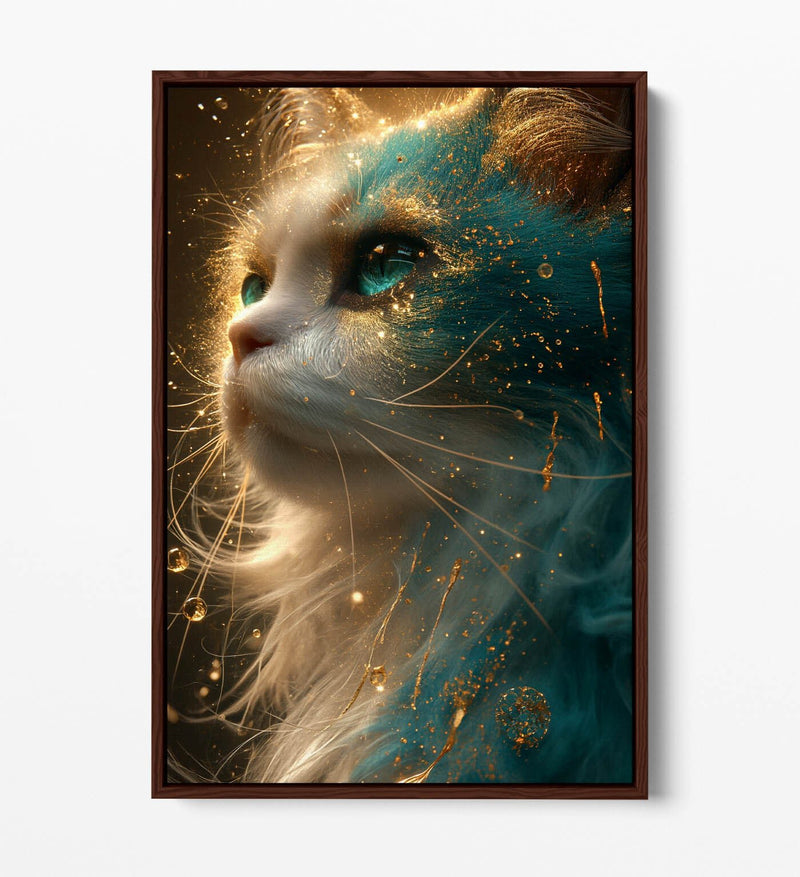 Glowing Cat Canvas Art – Blue Gold Artwork | Float Effect Canvas Print