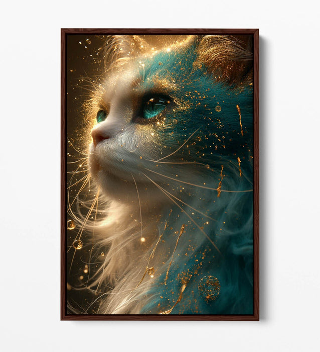 Glowing Cat Canvas Art – Blue Gold Artwork | Float Effect Canvas Print