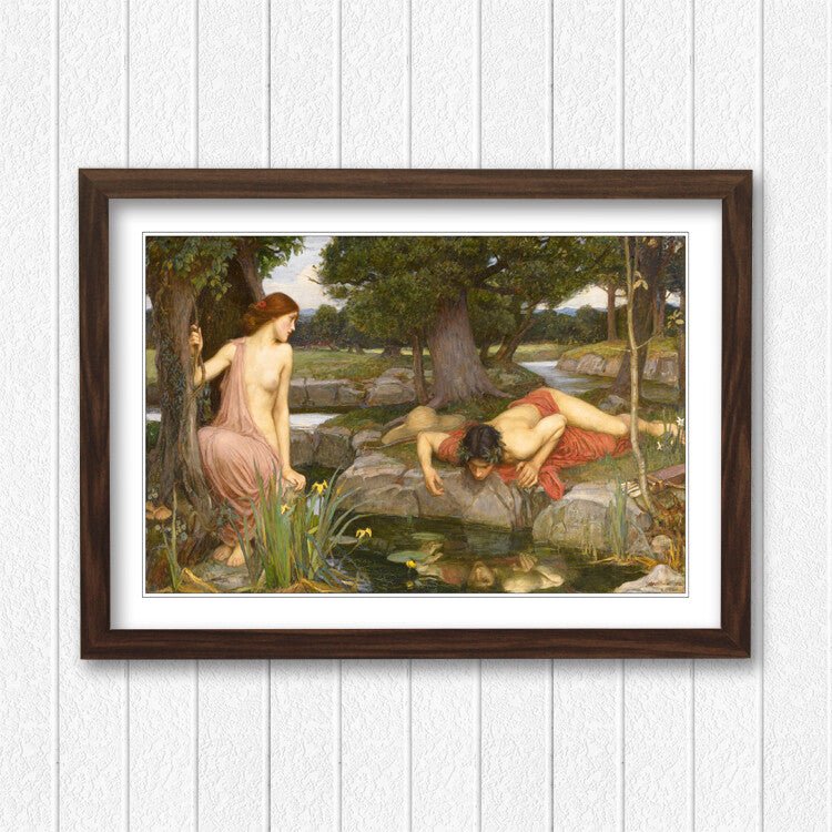 Echo Narcissus Framed Art – Waterhouse Art Print With Woodgrain Faux Frame