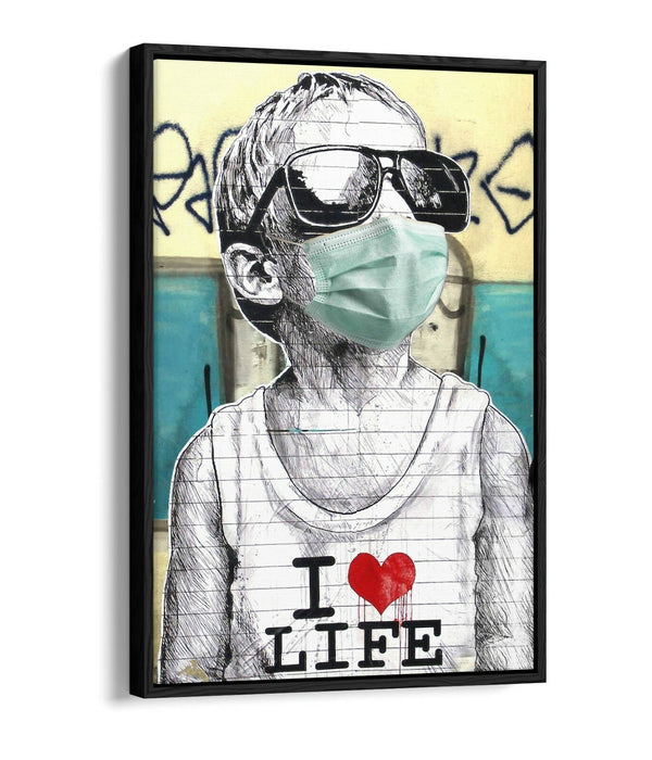 BANKSY I HEART LIFE BOY MASK -FLOAT EFFECT CANVAS WALL ART PIC PRINT- BLUE GREY