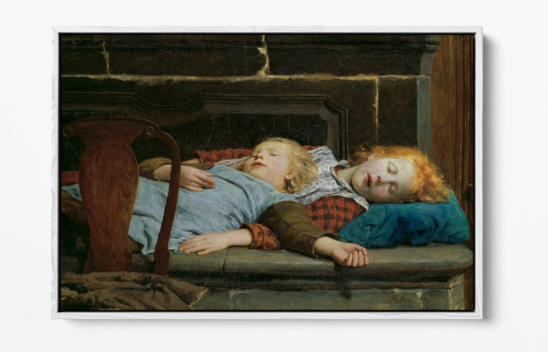 Float Effect Canvas Art - Albert Anker Two Girls On Stove Bench Premium Print