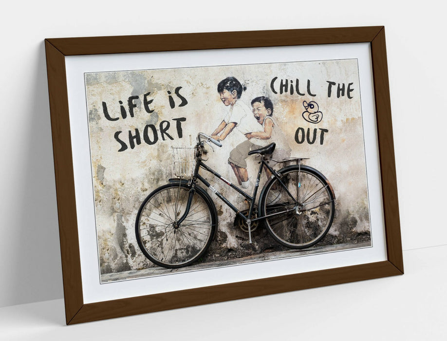 LIFE IS SHORT KIDS ON BIKE -ART FRAMED POSTER PICTURE PRINT ARTWORK- BEIGE BLACK
