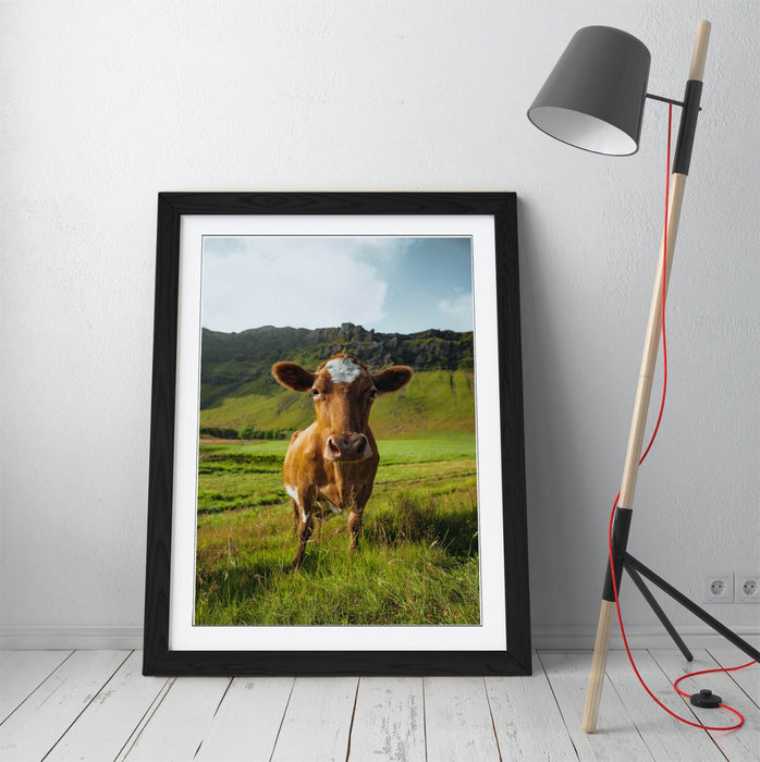 Framed Wall Art - Brown Cow In Green Field | Handmade UK Home Decor Print