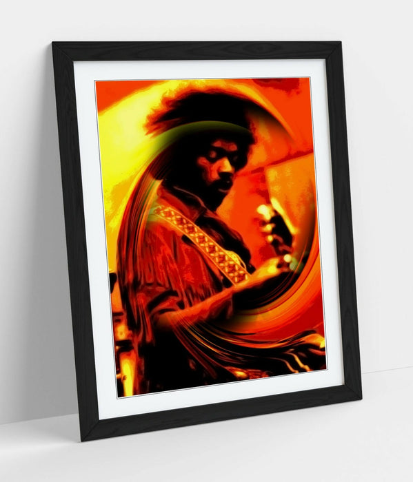 Jimi Hendrix Poster - Handmade UK Framed Wall Art With Yellow Swirl Artwork