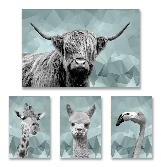DUCK EGG BLUE ANIMAL GEO COLLECTION HIGHLAND COW GIRAFFE CANVAS WALL ART PRINT