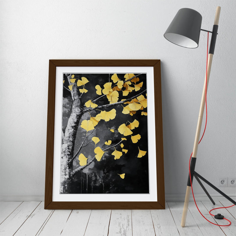 Framed Wall Art - Black and White Tree with Yellow Leaf Poster | UK Made Frames