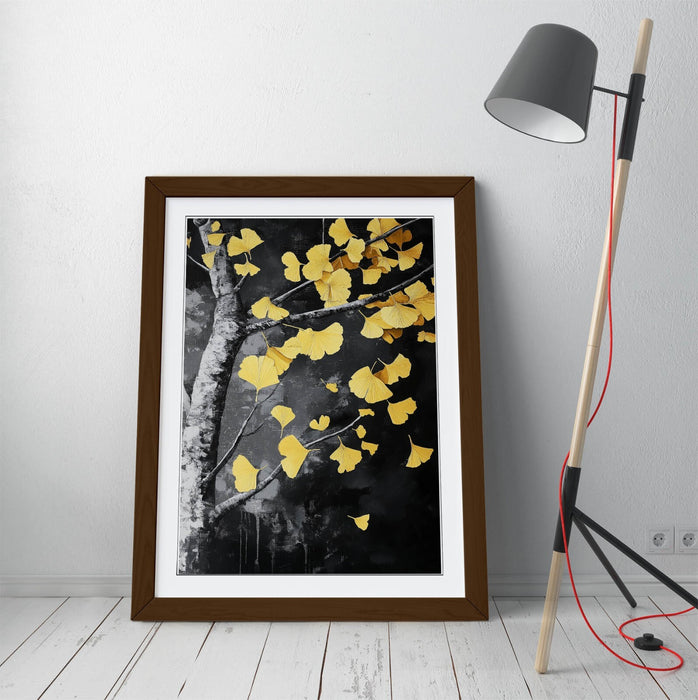 Framed Wall Art - Black and White Tree with Yellow Leaf Poster | UK Made Frames