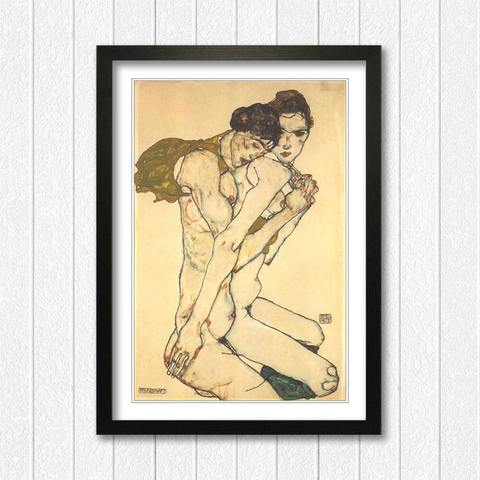 Framed Wall Art - Egon Schiele Friendship Art Print with Woodgrain Frame Design