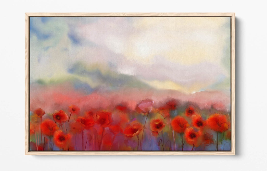 RED POPPY FLOWER FIELD BLURRED HOME DECOR FLOAT EFFECT CANVAS WALL ART PRINT