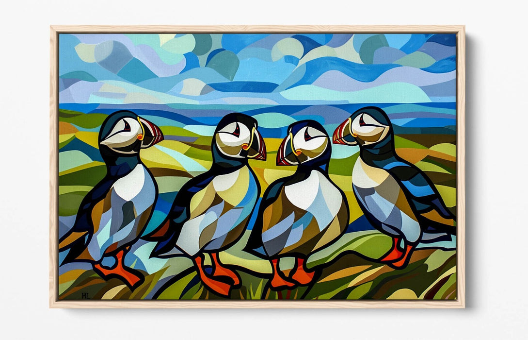 Canvas Wall Art – Puffins Art Print | Seaside Canvas Print With Float Effect Frame