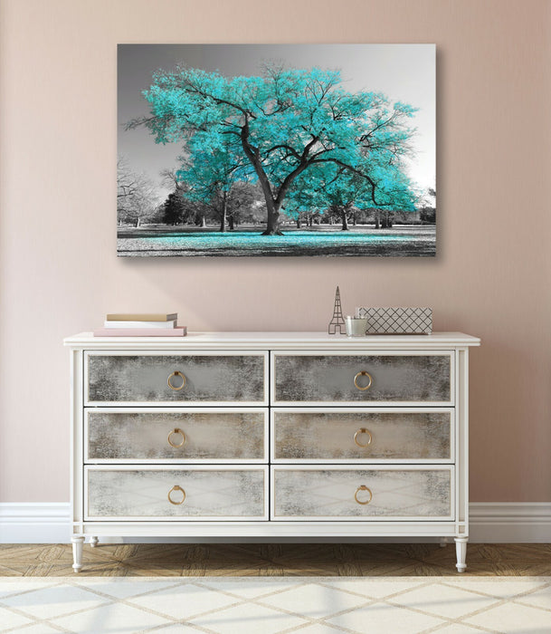 Canvas Wall Art – Large Teal Tree Painting with Turquoise Leaves on Black White Canvas