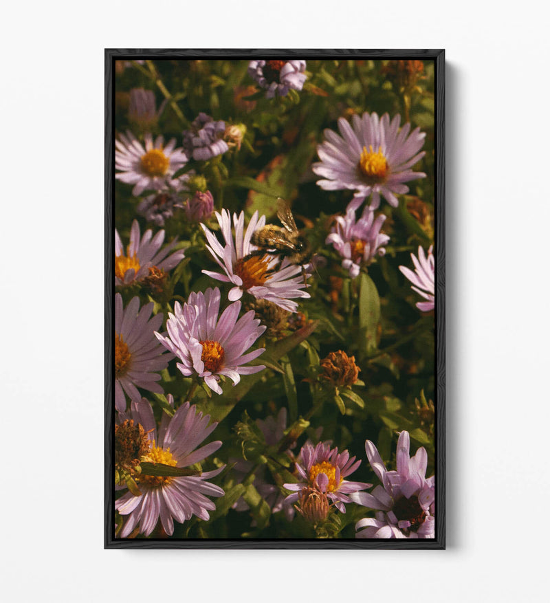 Canvas Wall Art - Grainy Bee On Flowers | Handmade Vibrant Floral Artwork, 30mm Deep Frame