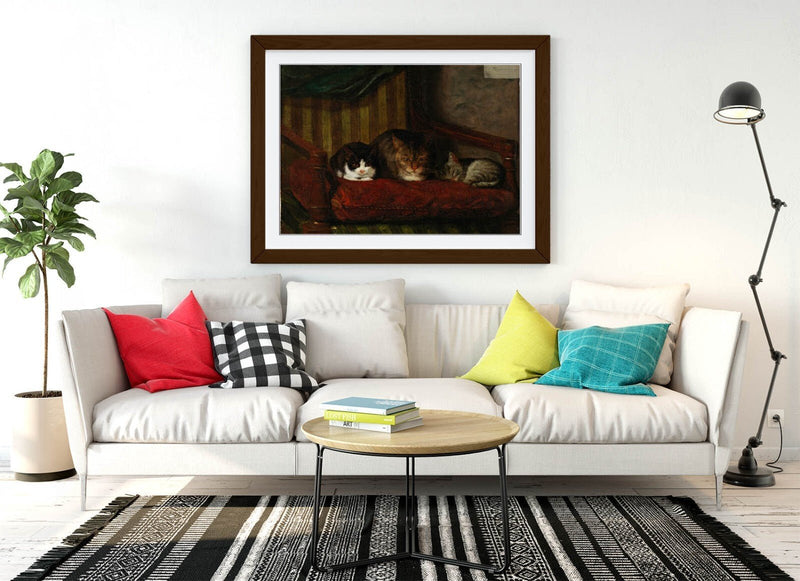 Cute Cat Wall Art – 'Adolf von Becker, Cat with Kittens' Framed Wall Art Poster Paper Print Cats & Kittens – Handmade Decor