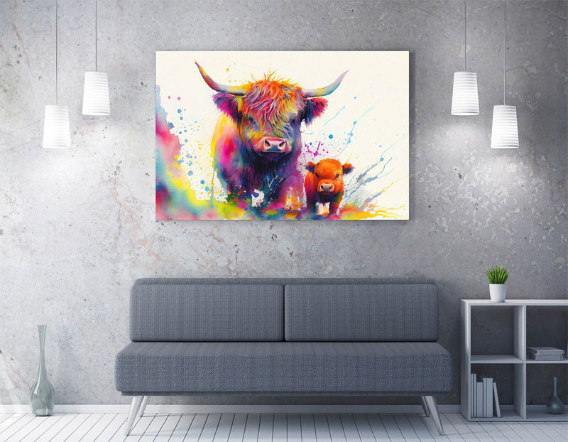 Highland Cows Canvas - Colorful Splash Animal Wall Art Print Ready To Hang