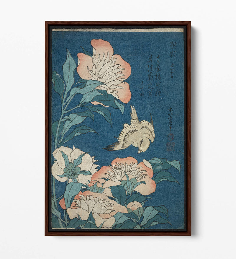 Canvas Wall Art - Hokusai Japanese Print With Peonies & Canary Float Frame