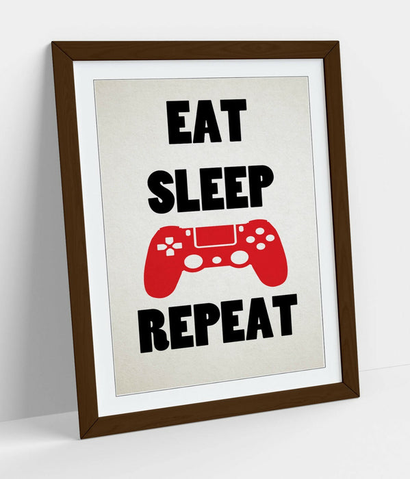 "EAT SLEEP GAME REPEAT" FUNNY GAMER QUOTE KIDS -FRAMED WALL ART PICTURE PRINT