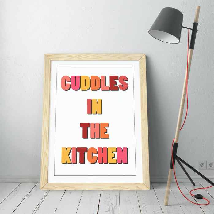 "CUDDLES IN THE KITCHEN" HAPPY FUN QUOTE -FRAMED WALL ART PICTURE PRINT- ORANGE