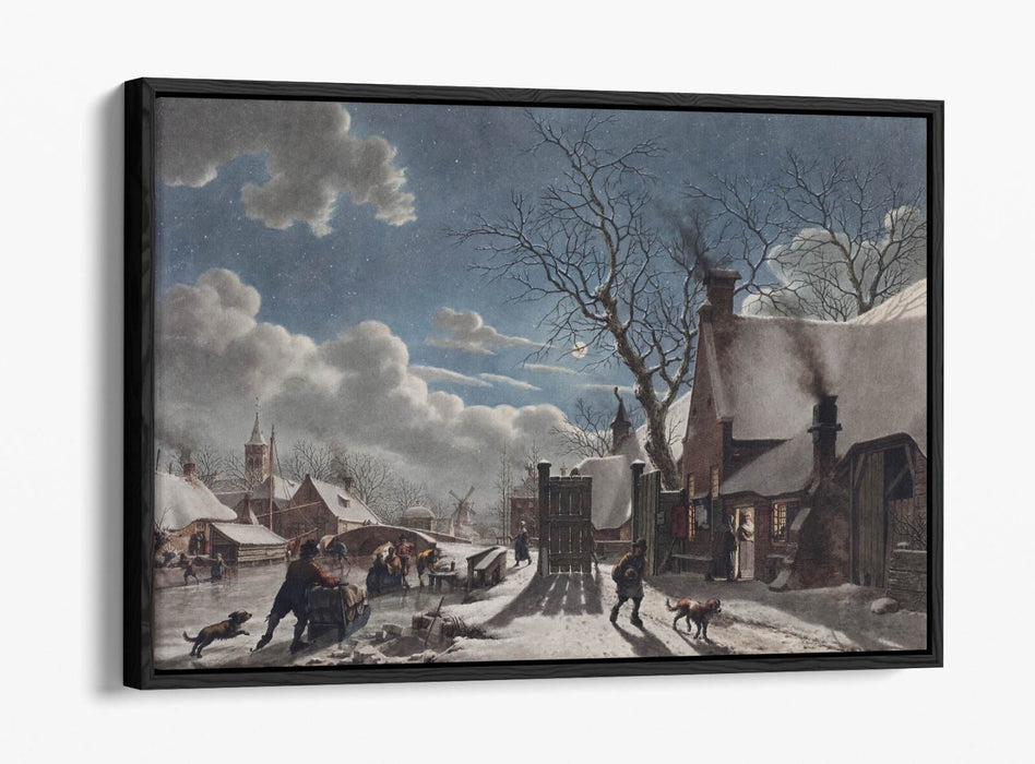 Canvas Wall Art - Winter Night Dutch Town Painting | Float Effect Canvas Print