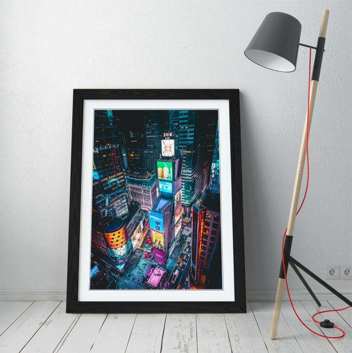 TIMES SQUARE BY NIGHT -ART FRAMED POSTER PICTURE PRINT ARTWORK- BLUE PINK ORANGE