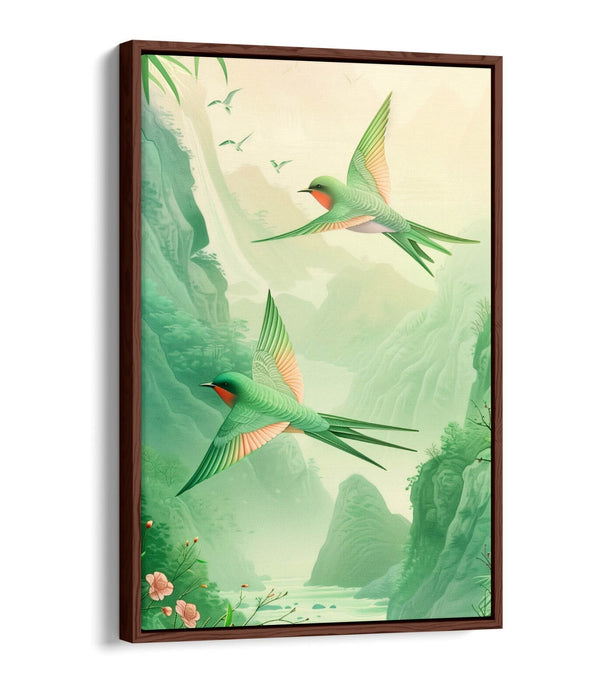 Canvas Art Print - Pink Green Swallows Flying | Handmade UK Vibrant Wall Art