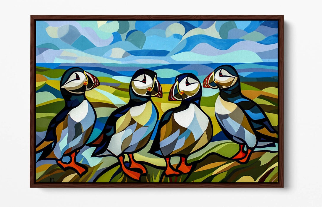Canvas Wall Art – Puffins Art Print | Seaside Canvas Print With Float Effect Frame