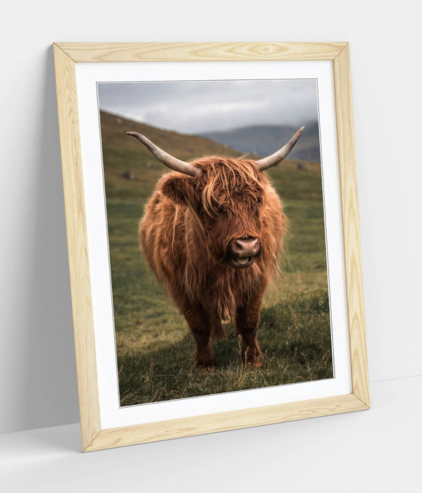 Highland Cow Wall Art – Framed Green Landscape Poster | Rustic Animal Decor