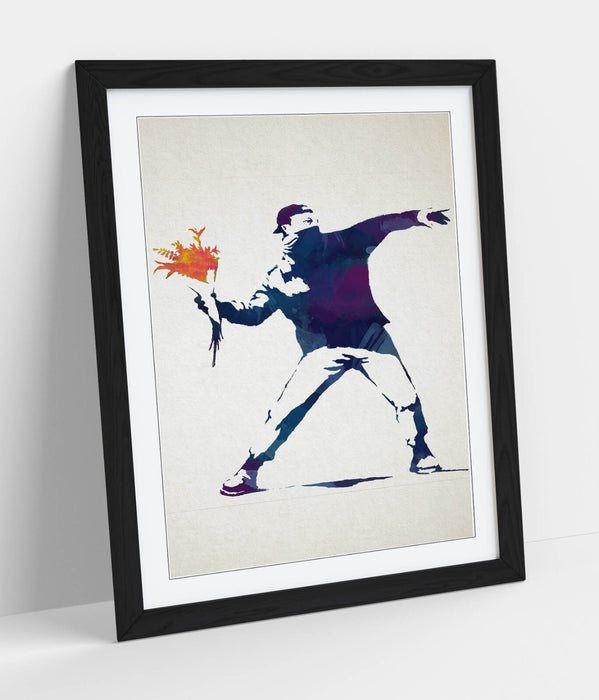 BANKSY, FLOWER BOMBER BLUE WATERCOLOUR STYLE ART -FRAMED WALL ART PICTURE PRINT