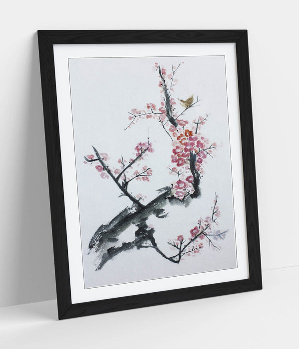 Framed Wall Art - Asian Tree Blossom Print With Woodgrain Frame Design