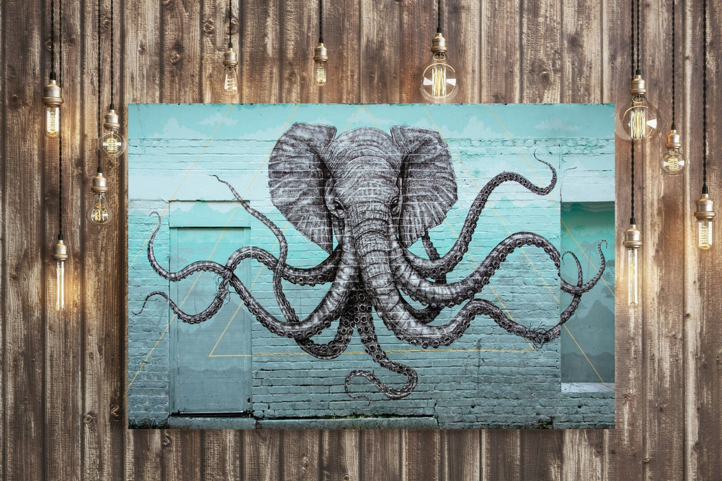 ELEPHANT OCTOPUS GRAFFITI CANVAS WALL ART PRINT ARTWORK  FRAMED TEAL TURQUOISE