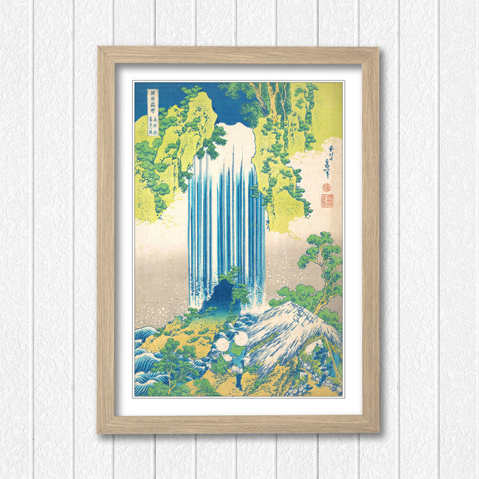 Hokusai Waterfall Art – Framed Japanese Art Print With Woodgrain Frame