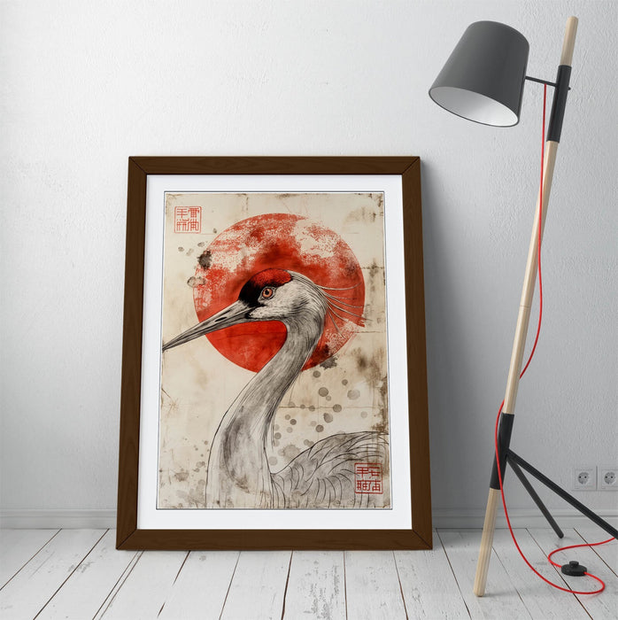 Asian Framed Wall Art – Portrait Crane Print With Red Sun | Handmade UK Frame