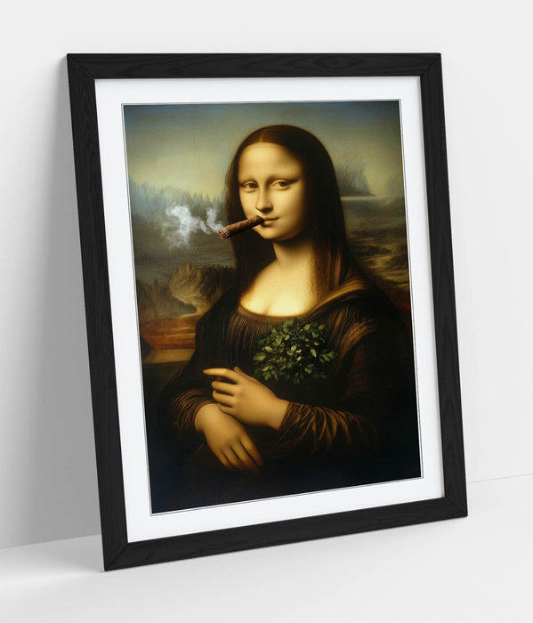 Framed Wall Art - Mona Lisa Smoking Cigar Funny Portrait Print With Woodgrain Frame