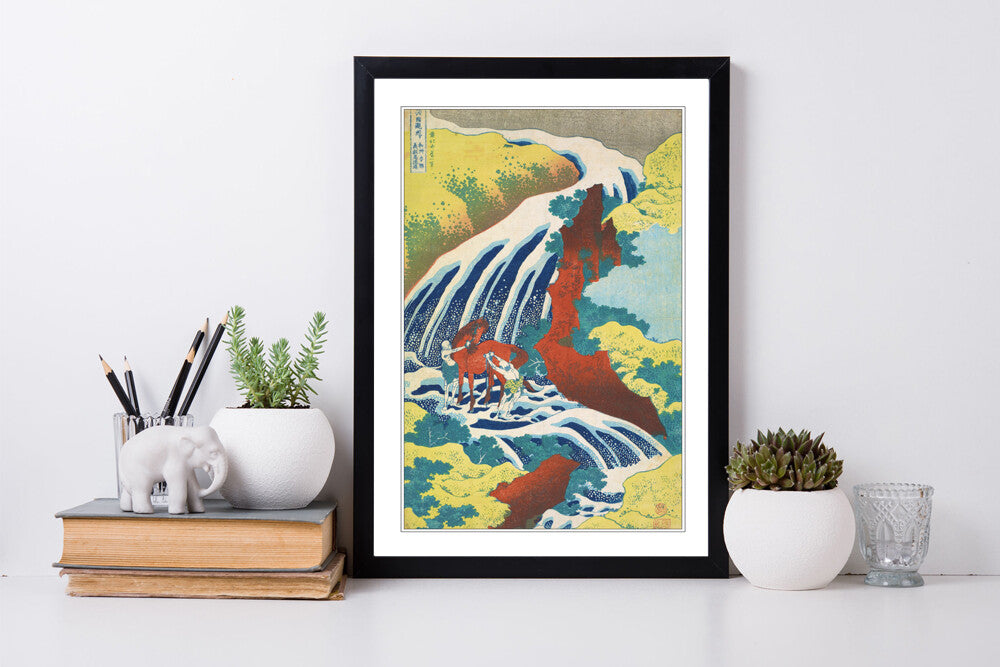 Framed Art Poster – Hokusai Japanese Waterfall Print with MDF Woodgrain Frame