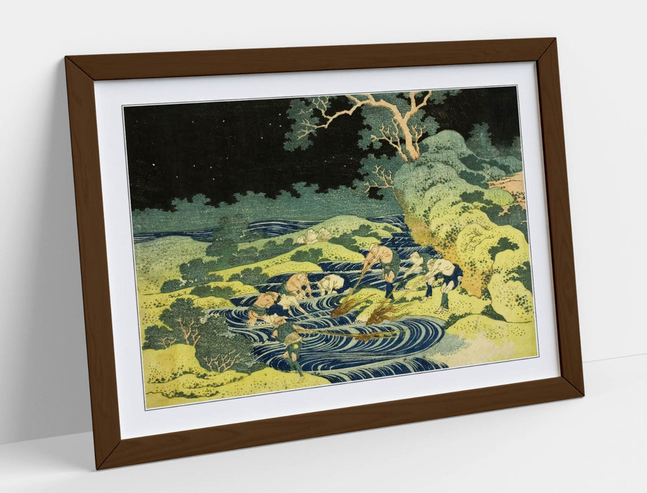 Framed Art Poster - Katsushika Hokusai Fishing Scene Artwork | Woodgrain Frame Wall Art Print
