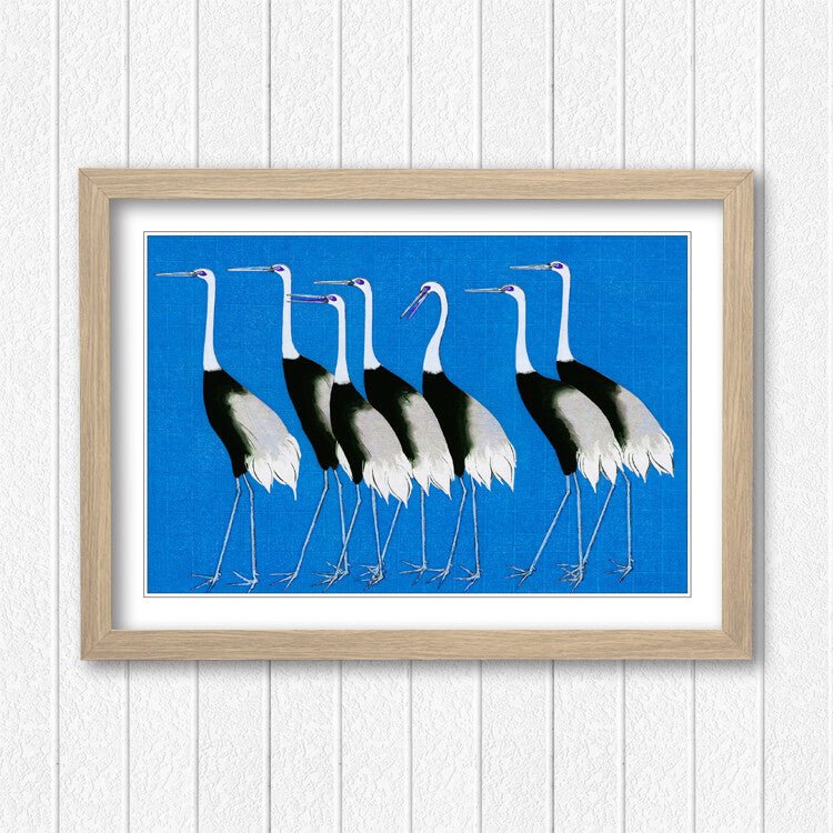 Framed Wall Art Print – Japanese Crane Poster With Woodgrain Frame Design