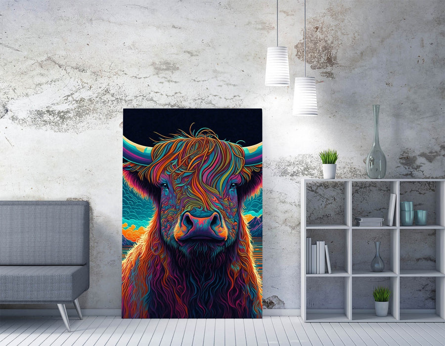 Highland Cow Canvas – Vibrant Colorful Animal Portrait Ready To Hang Wall Art