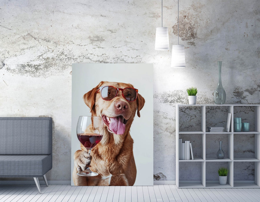 Dog Canvas Wall Art - Funny Dog Portrait With Sunglasses & Wine Print, Ready to Hang