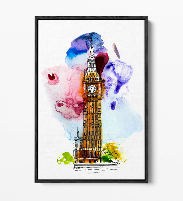Canvas Wall Art – Big Ben London Watercolour Splash With Float Effect Frame