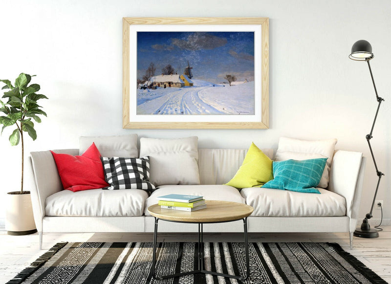 Framed Art Print - Snowy Landscape Wall Art Poster with Wood Grain Frame
