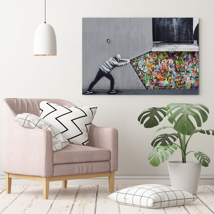 BANKSY WHATS BEHIND THE CURTAIN WHATSON CANVAS WALL ART PRINT ARTWORK GRAFFITI