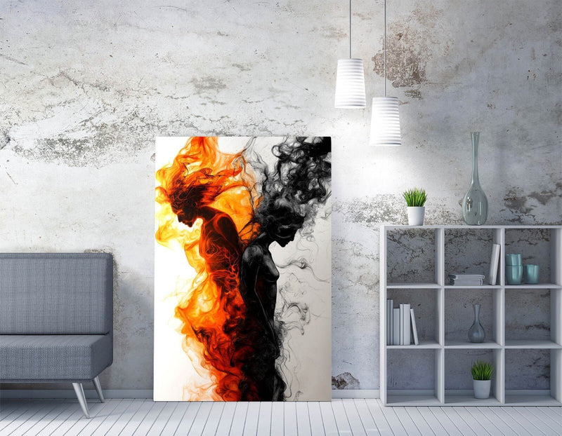 Fire Smoke Canvas Art – Love Hate Wall Art | Handmade Premium Varnish Finish